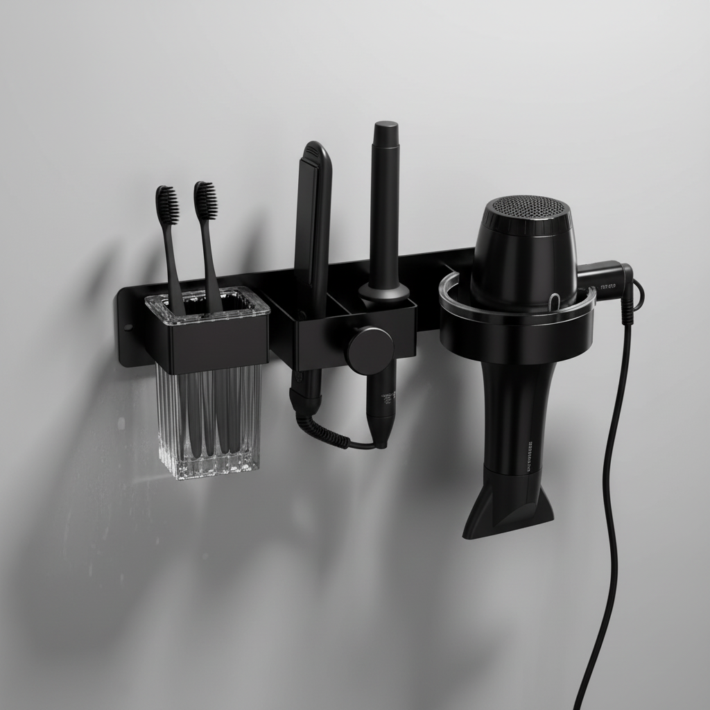 Sleek and compact storage unit, Kompakter Organizer Für Stylinggeräte, for modern bathrooms.