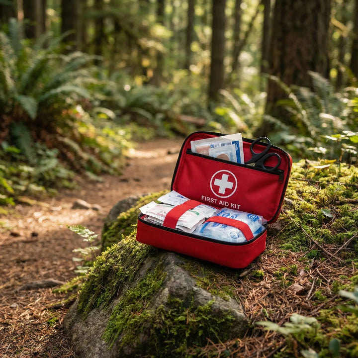 Compact waterproof first aid kit for travel, camping, and hiking. Essential medical supplies for outdoor survival.
