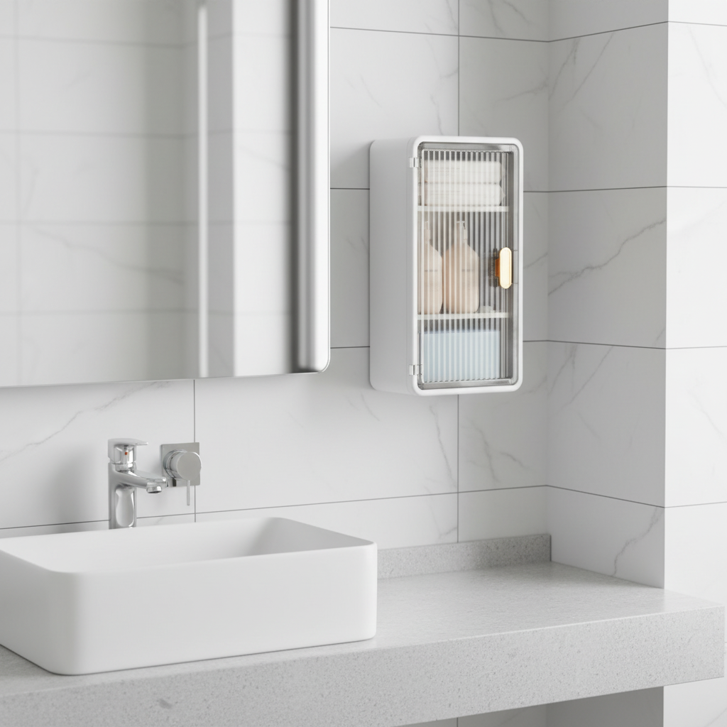 Compact waterproof wall-mounted bathroom organizer box, white plastic, keeping items dry & tidy on bath wall