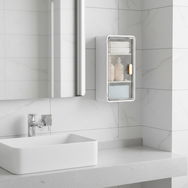 Compact waterproof wall-mounted bathroom organizer box, white plastic, keeping items dry & tidy on bath wall