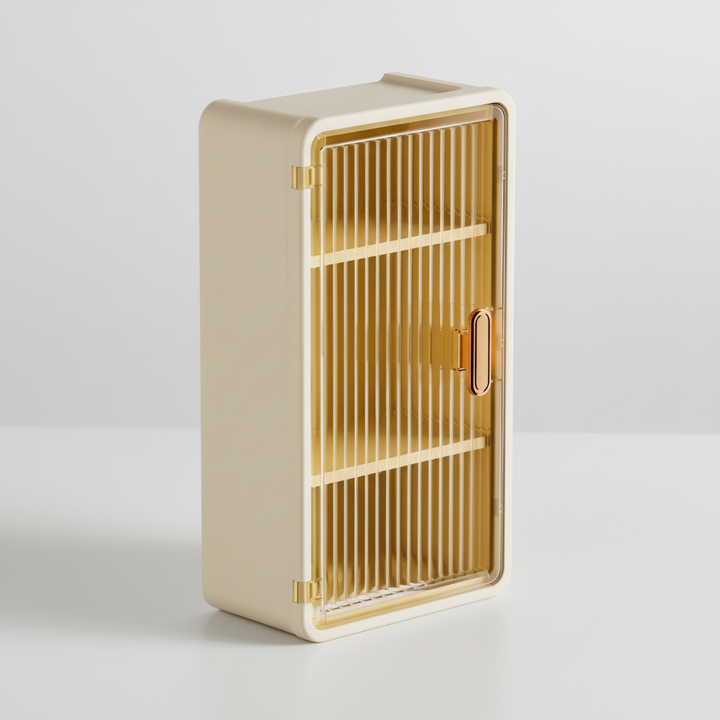 Detail of waterproof wall-mounted organizer for bathroom, showing durable, compact storage