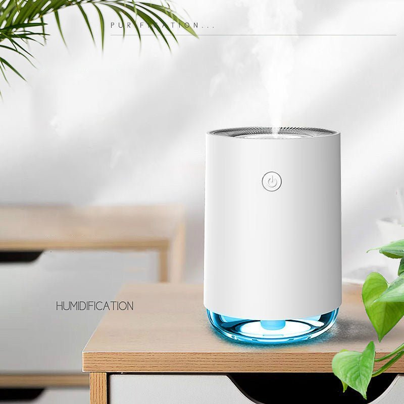 Silent personal humidifier for office or home. Enhances air quality and comfort with quiet moisture.