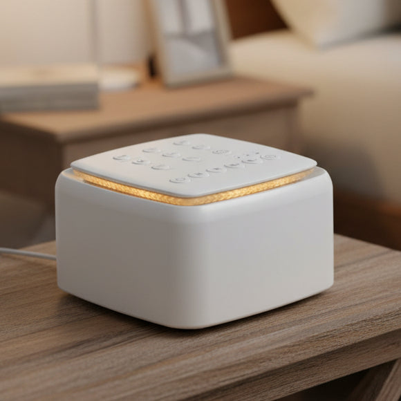 Compact white noise sleep machine for peaceful, deep sleep & relaxation. Features calming sounds for stress relief.