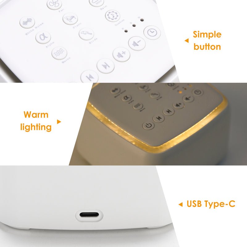 Modern white noise sleep sound machine with adjustable volume for personalized relaxation & stress relief.