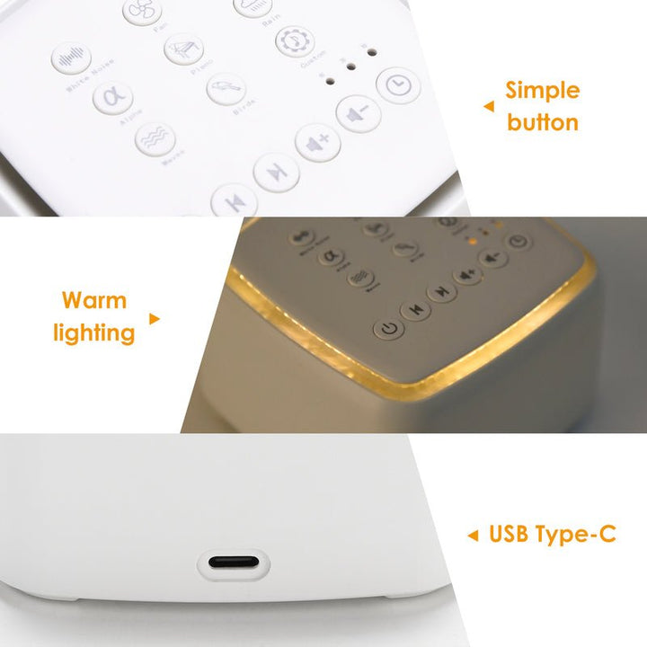 Modern white noise sleep sound machine with adjustable volume for personalized relaxation & stress relief.