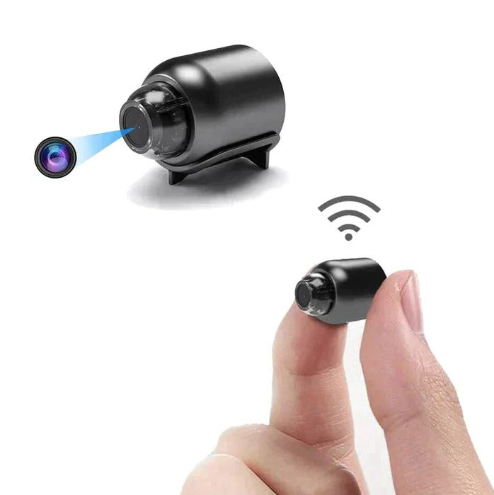 Mini wireless WiFi security camera with HD video & night vision for discreet home, pet, or baby monitoring.