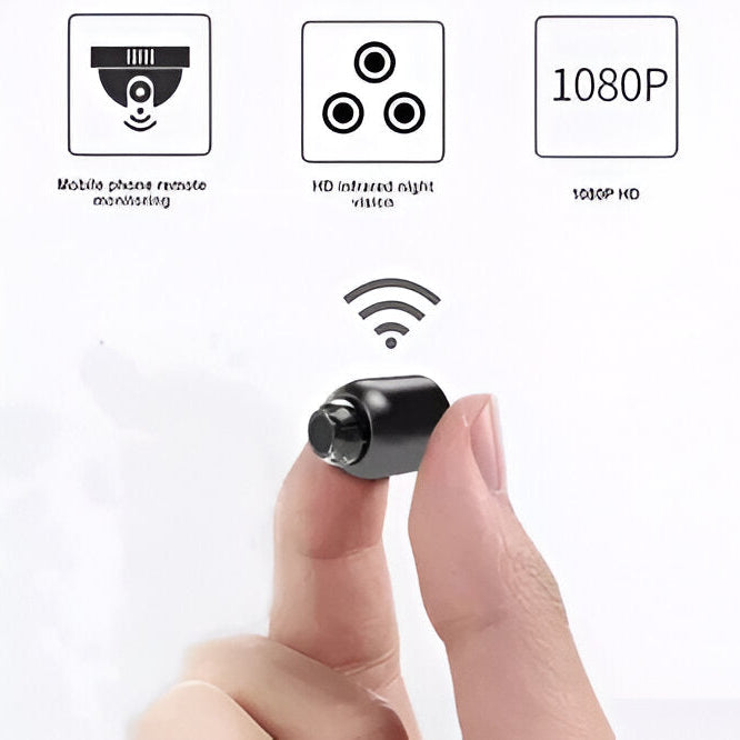 Small wireless indoor camera for discreet home security, 1080p HD, night vision, motion detection.