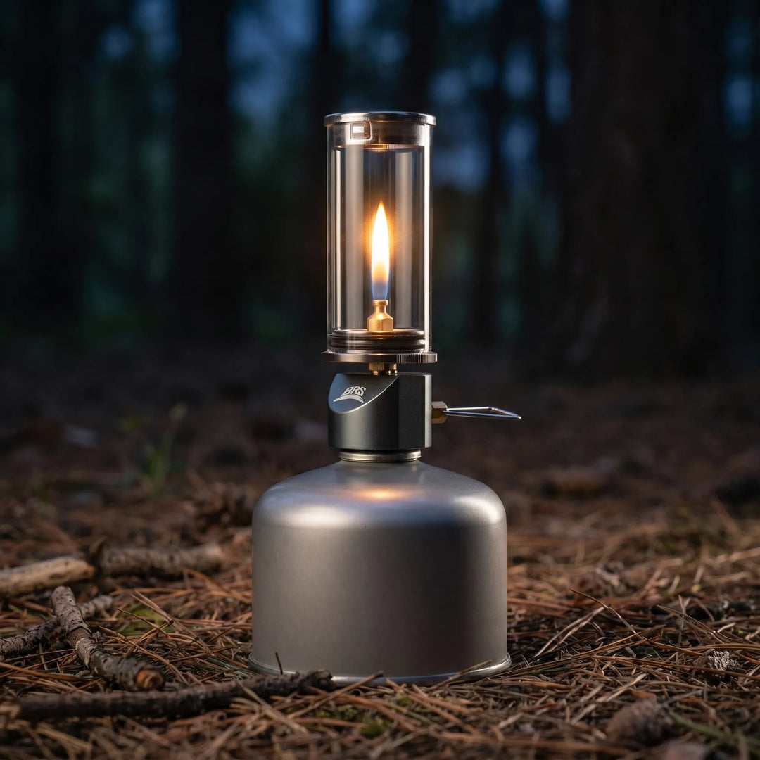 Sleek windproof gas lantern, essential camping gear for atmospheric outdoor lighting and tent illumination.