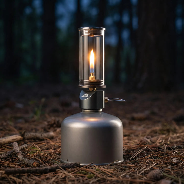 Sleek windproof gas lantern, essential camping gear for atmospheric outdoor lighting and tent illumination.