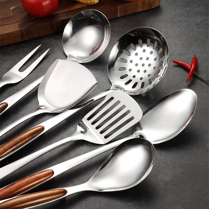 Sleek, modern design stainless steel kitchen utensil set. Elegant & functional cooking tools for any home kitchen.