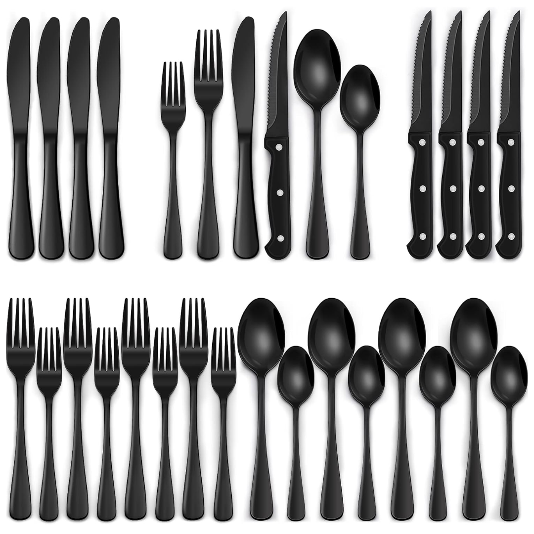 Complete 24-piece black stainless steel cutlery set for modern dining