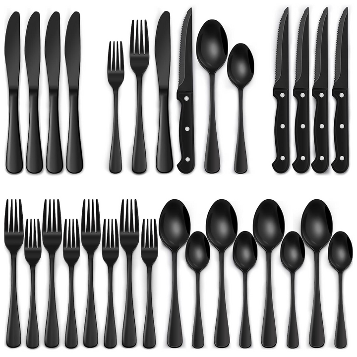 Complete 24-piece black stainless steel cutlery set for modern dining