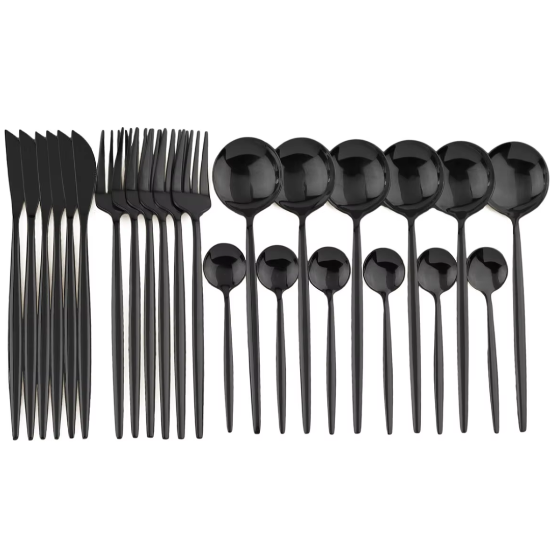 Detailed view of a sleek black flatware set, perfect for kitchenware