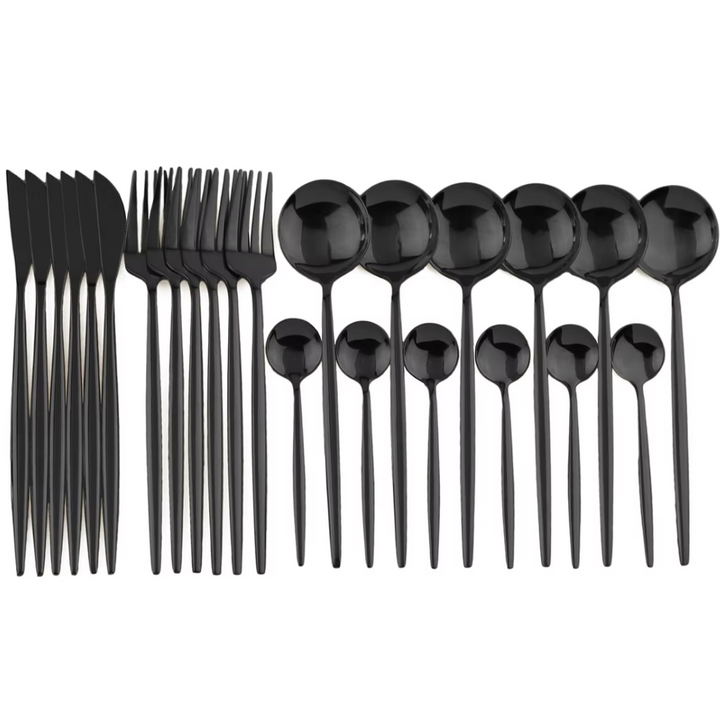 Detailed view of a sleek black flatware set, perfect for kitchenware