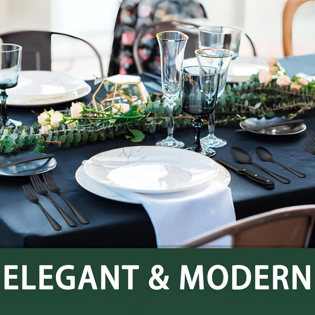 Elegant 24-piece black stainless steel dining set, ideal for tableware