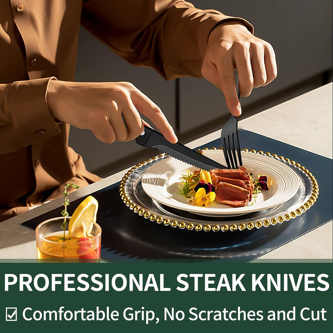 Full 24-piece black flatware set, showcasing contemporary dining essentials