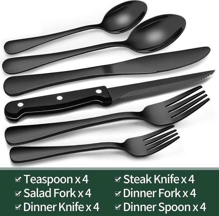 Close-up of black stainless steel cutlery, emphasizing the sophisticated finish