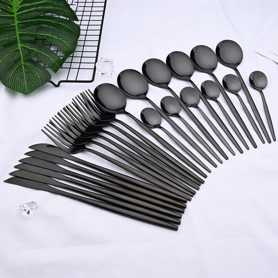 Versatile 24-piece black flatware set, enhancing everyday dining or special occasions