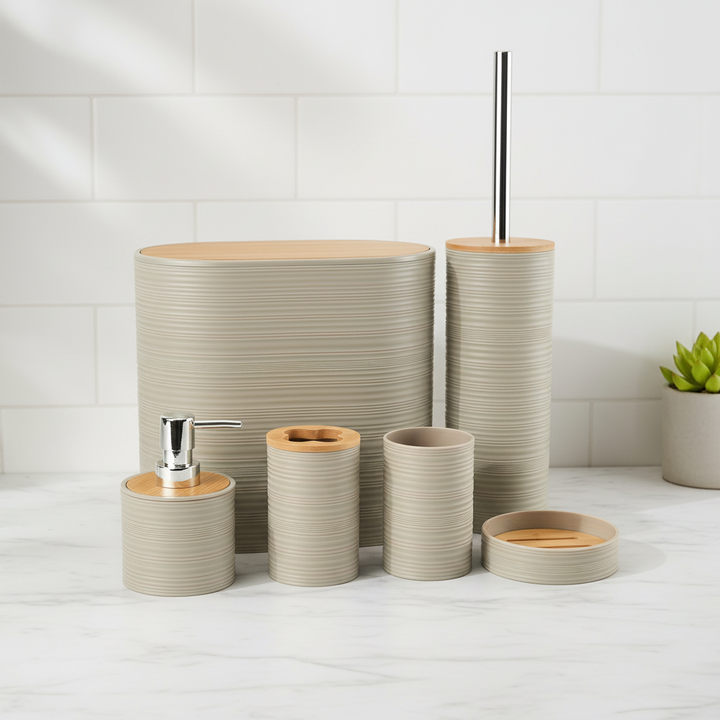 Complete 6-piece bamboo bathroom accessory set for modern home organization