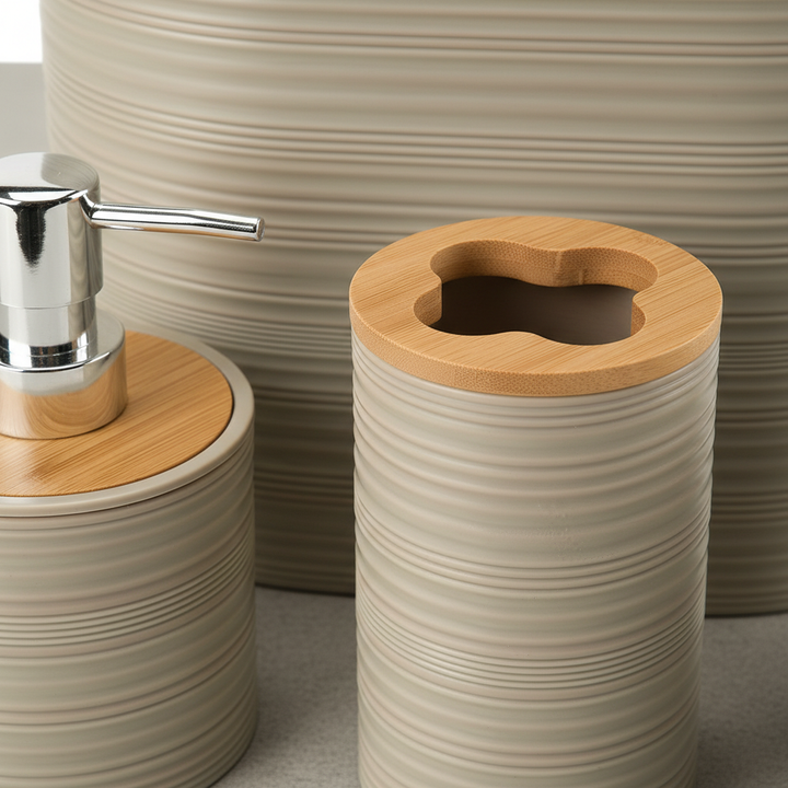 Stylish bamboo bathroom decor set with toilet brush holder and waste bin