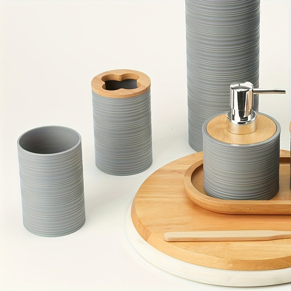 Full view of Bamborao 6-piece bathroom accessory set on a modern bathroom counter