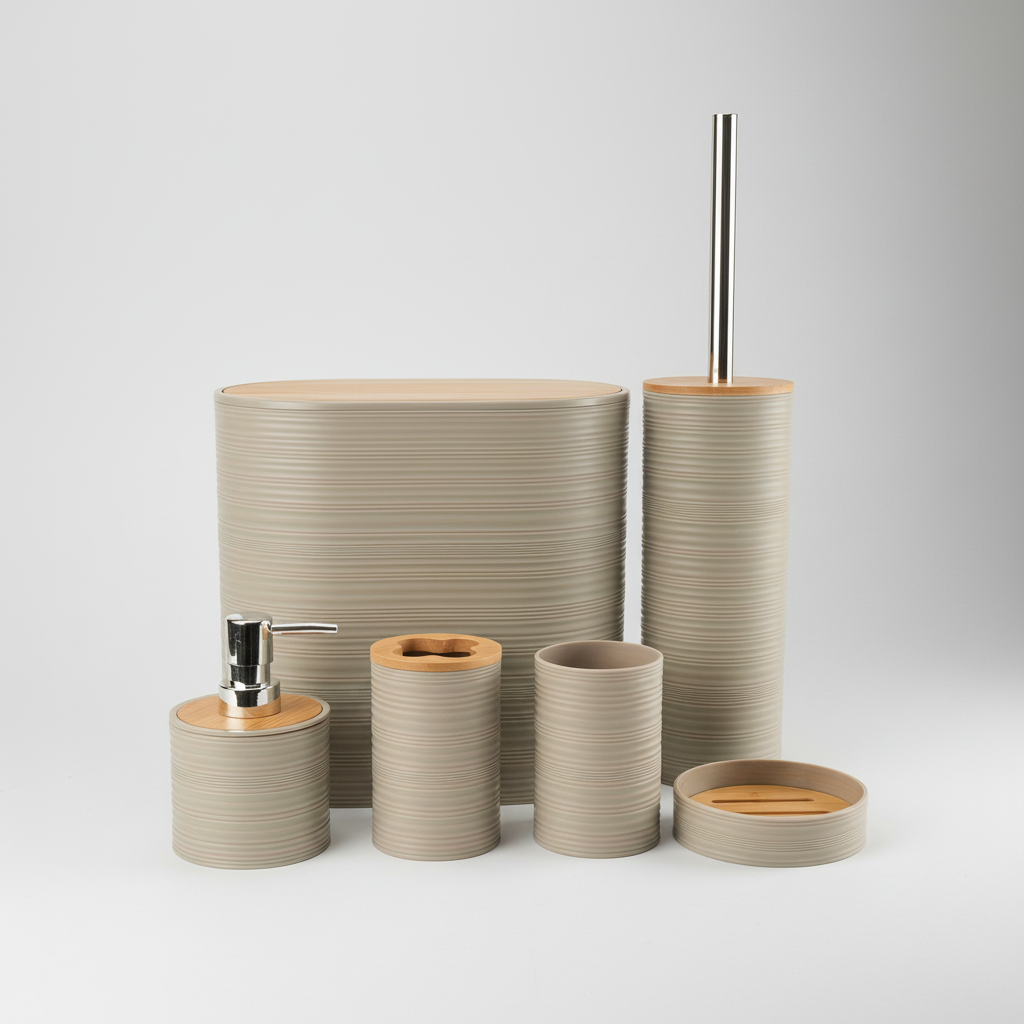 Bamboo toilet brush holder and waste bin from a complete bathroom organization set