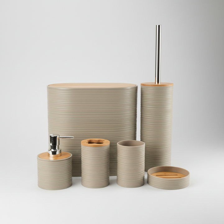 Bamboo toilet brush holder and waste bin from a complete bathroom organization set