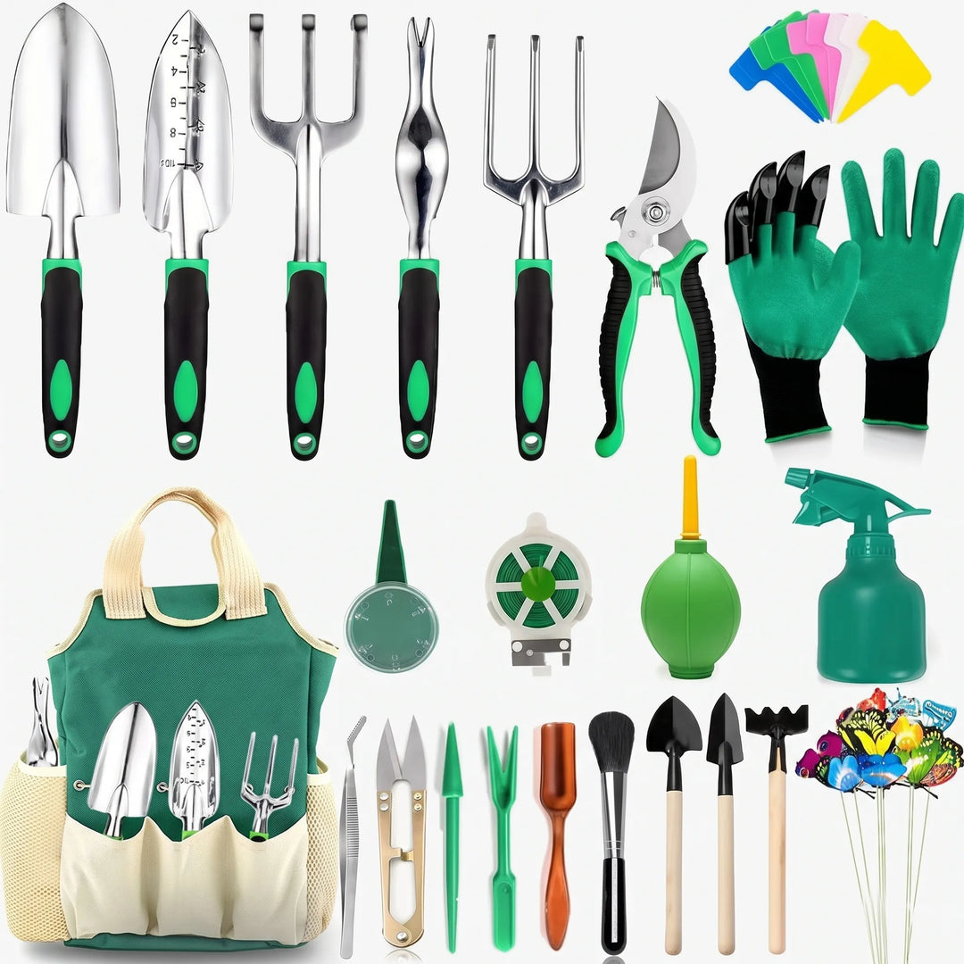 Practical garden tool set with carry tote for potting, weeding, and planting in indoor & outdoor gardens.
