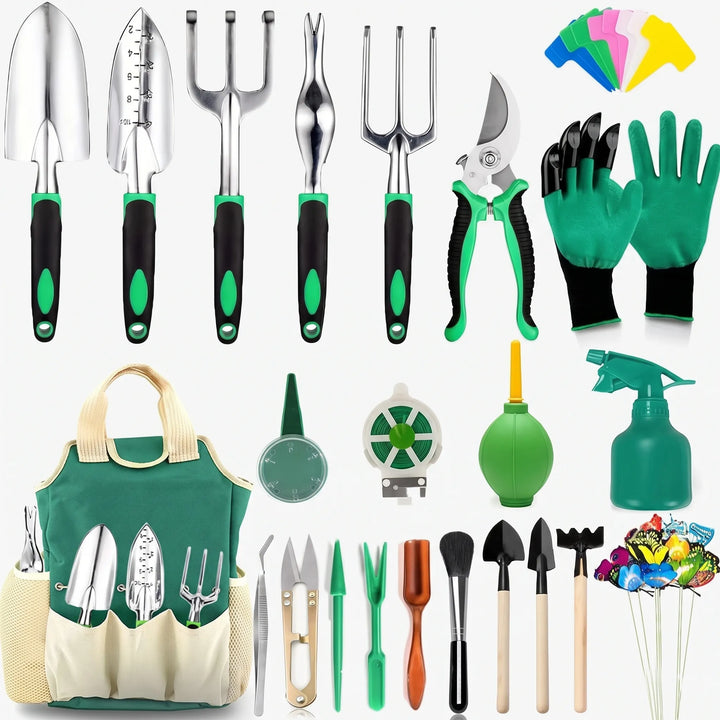 Practical garden tool set with carry tote for potting, weeding, and planting in indoor & outdoor gardens.