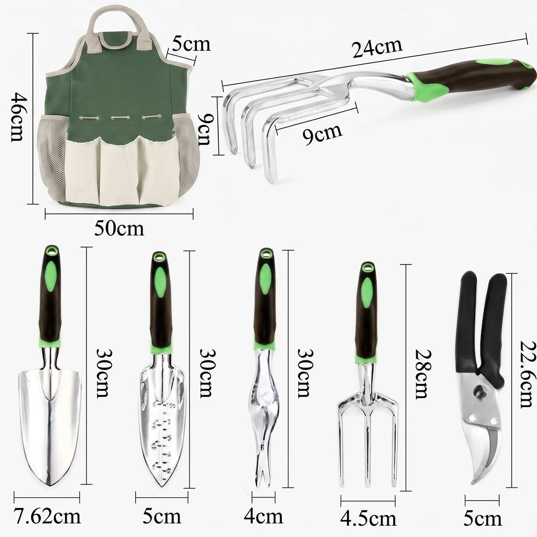 Portable gardening tool set with multiple hand tools & a handy tote bag, essential for organized plant care.