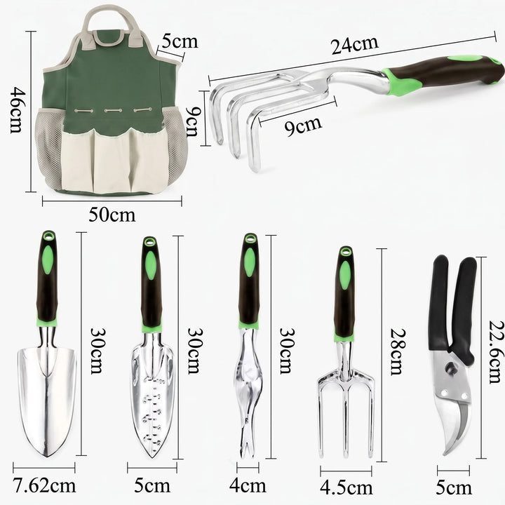 Portable gardening tool set with multiple hand tools & a handy tote bag, essential for organized plant care.