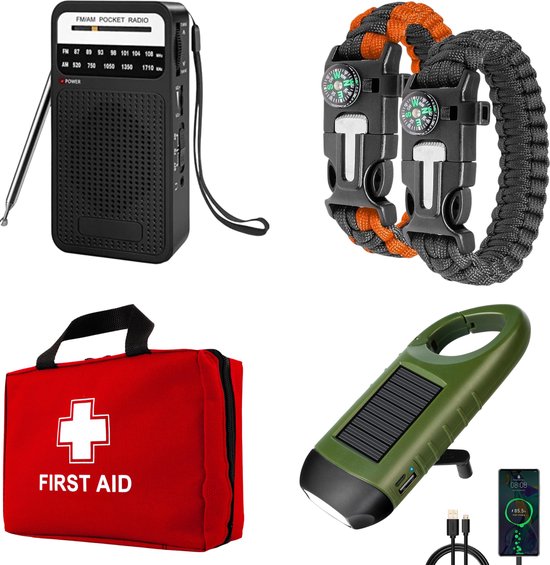 Comprehensive emergency survival kit with first aid & essential gear for outdoor preparedness & disaster readiness.