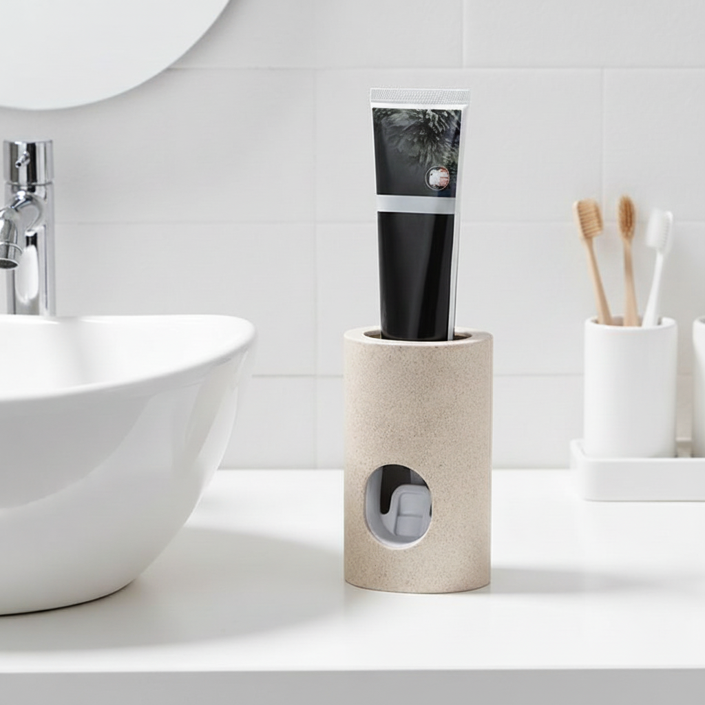 Contactless automatic toothpaste dispenser in white ABS plastic for hygienic oral care in bathroom