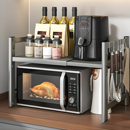 White kitchen microwave shelf organizer by CookRack, a rust-resistant solution for countertop storage