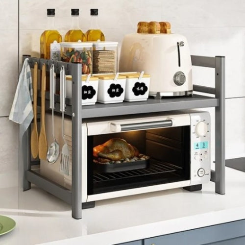 Detail shot of CookRack multi-layer condiment rack, part of a rust-resistant kitchen microwave shelf