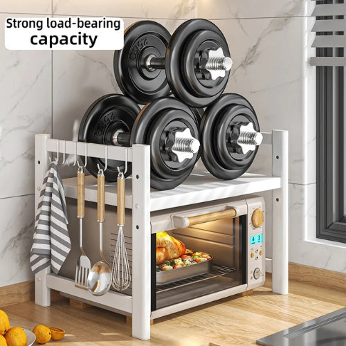 Kitchen countertop with a CookRack microwave shelf organizer and various condiments, optimizing small spaces