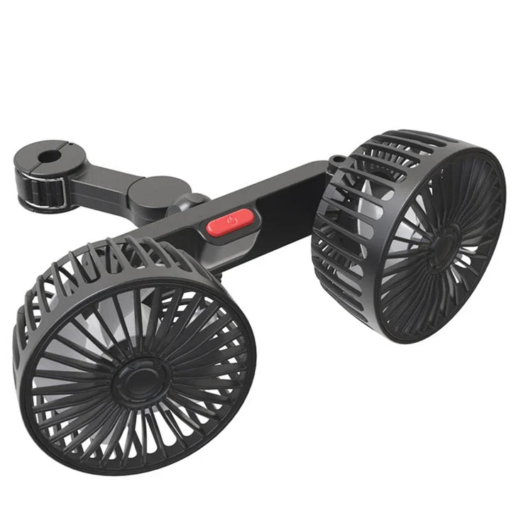 CoolBreeze dual-head USB car fan, 360° rotatable, 3 speeds, for car cooling