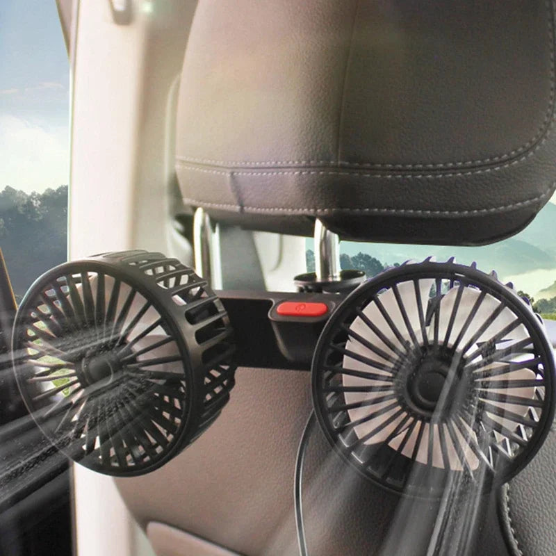 Portable USB dual-head car fan with independent 360° rotation and three speed settings
