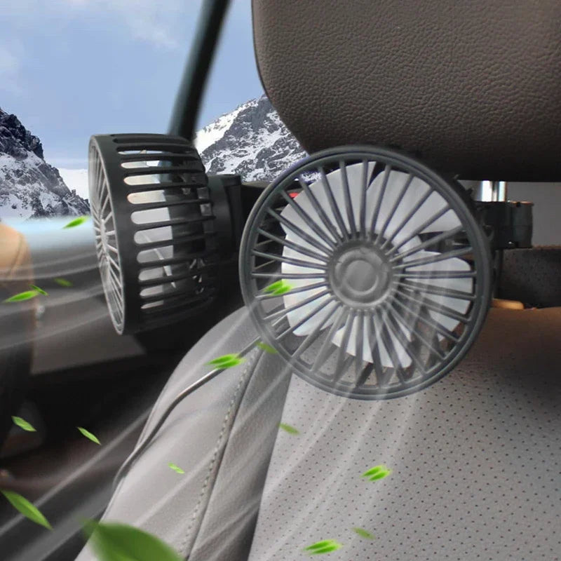 Compact 3-speed USB car fan, dual heads for personalized cooling in a vehicle