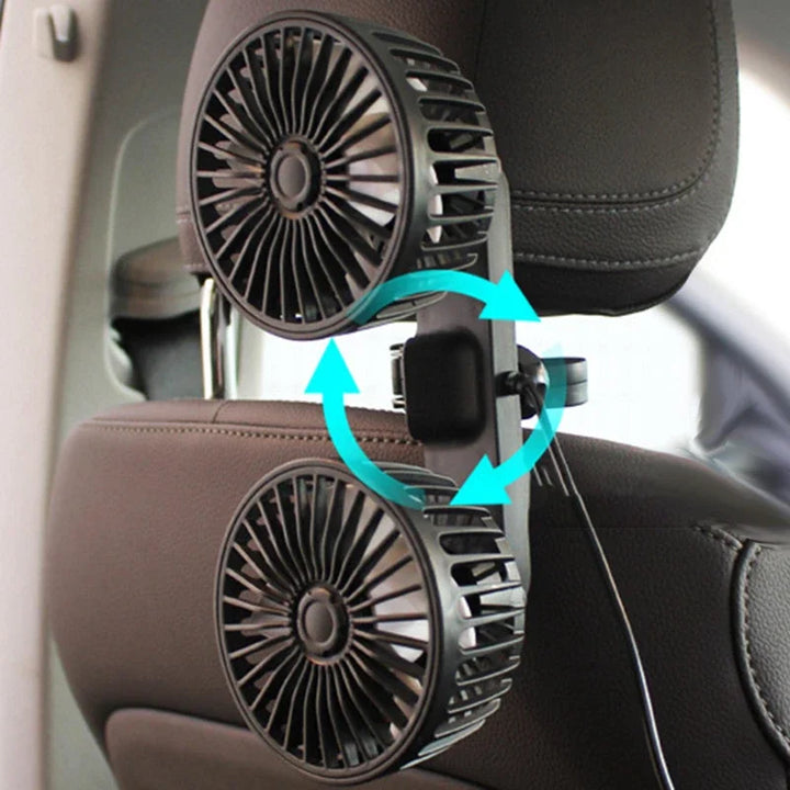 Black dual-head car fan, USB powered, showing independent 360° rotation for driver and passenger