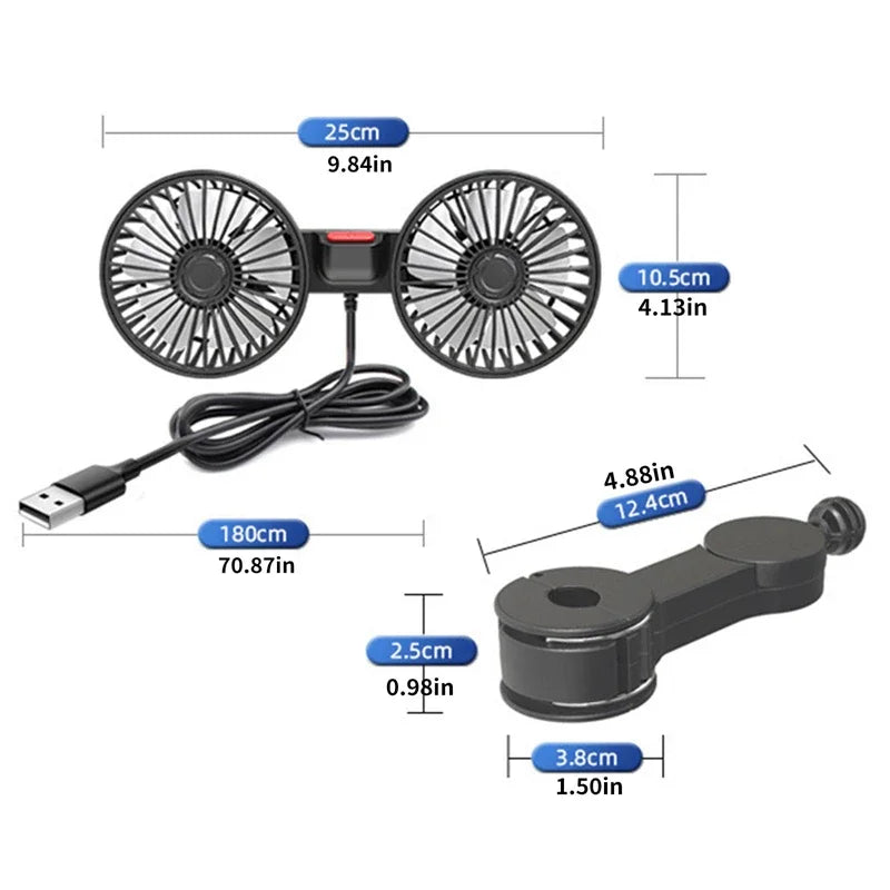 CoolBreeze portable USB dual-head fan, ideal for cars and desks, featuring 3 speed options