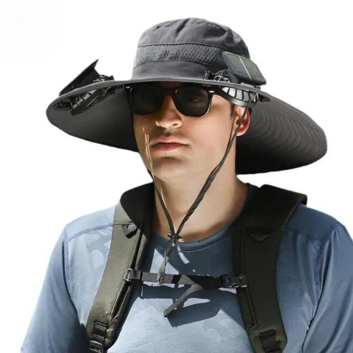 Close-up of CoolBreeze Solar Hat's integrated fan, showcasing solar panel power for cooling effect
