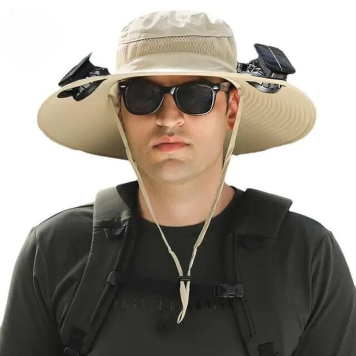 Side view of CoolBreeze Solar Fan Hat, demonstrating cooling fan and wide brim sun protection
