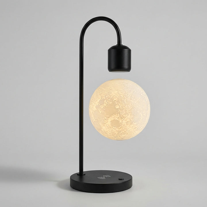 Lunafloat cordless charging lamp with floating moon and wireless charger, perfect for modern home decor.