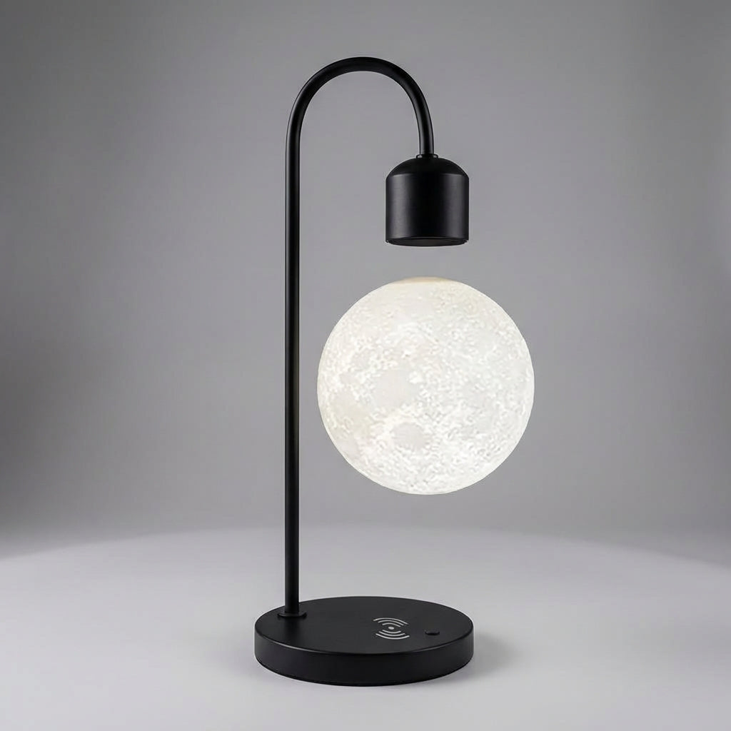 Desk lamp alternative: Cordless charging lamp with a mesmerizing levitating moon, ideal for bedrooms.