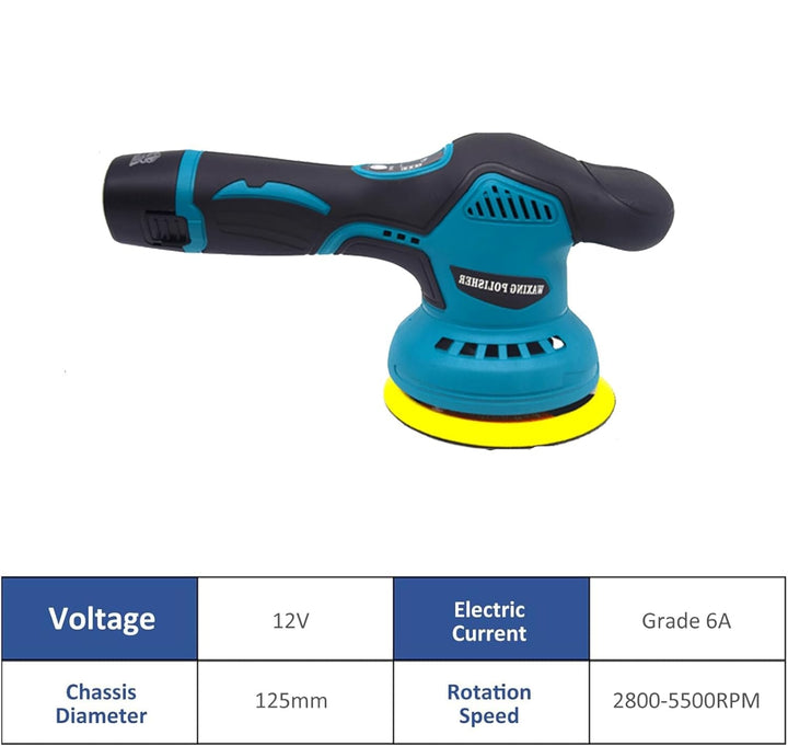 Powerful cordless car polisher with ergonomic design, dual batteries, and speed dial control