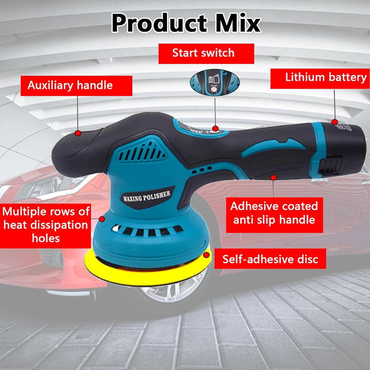 Detalier using a cordless car polisher with visible 8-speed settings on a vehicle