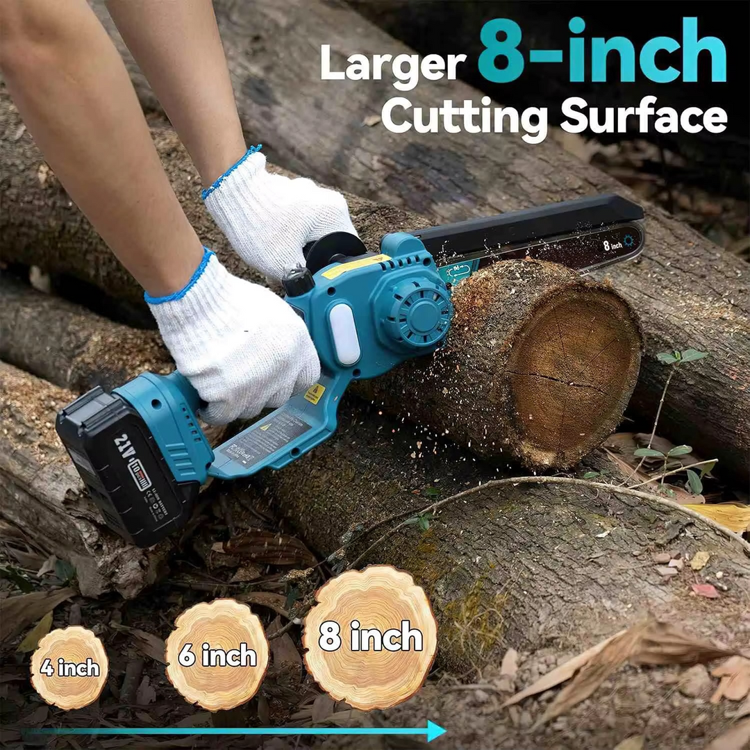 Extended cordless pole saw reaching high tree branches, ideal for safe and efficient tree trimming.