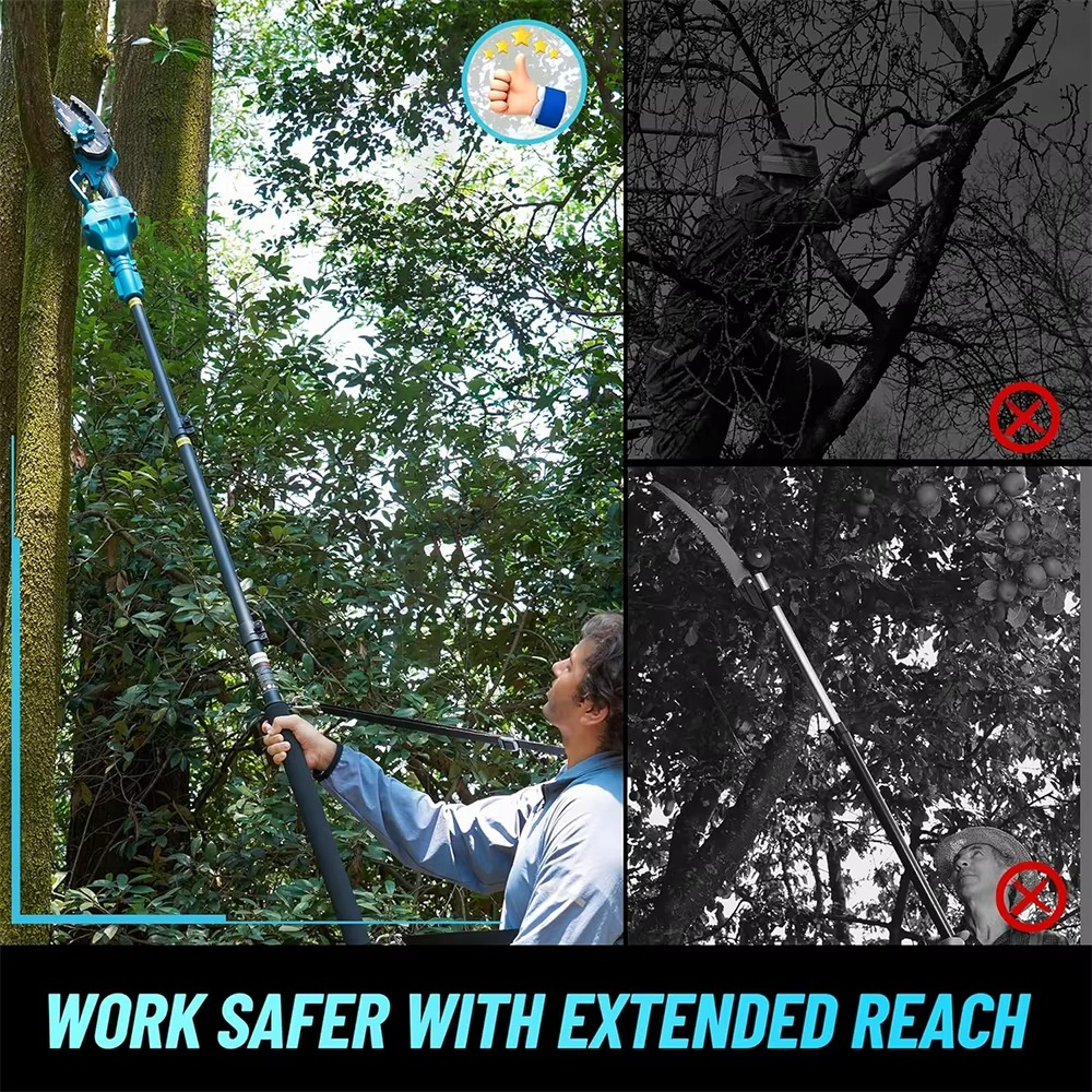 User operating lightweight cordless electric pole saw for easy, precise high-branch tree trimming and pruning.