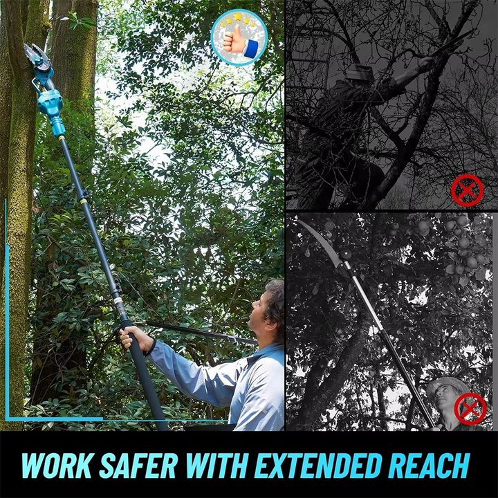 User operating lightweight cordless electric pole saw for easy, precise high-branch tree trimming and pruning.